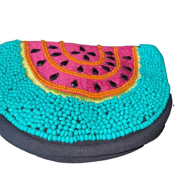 Neiman Marcus Beaded Embroidered Watermelon Slice Zippered Wristlet 7" Length - Picture 5 of 7
